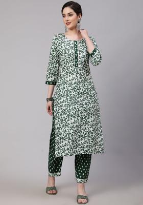 Green Printed Cotton Kurta Set