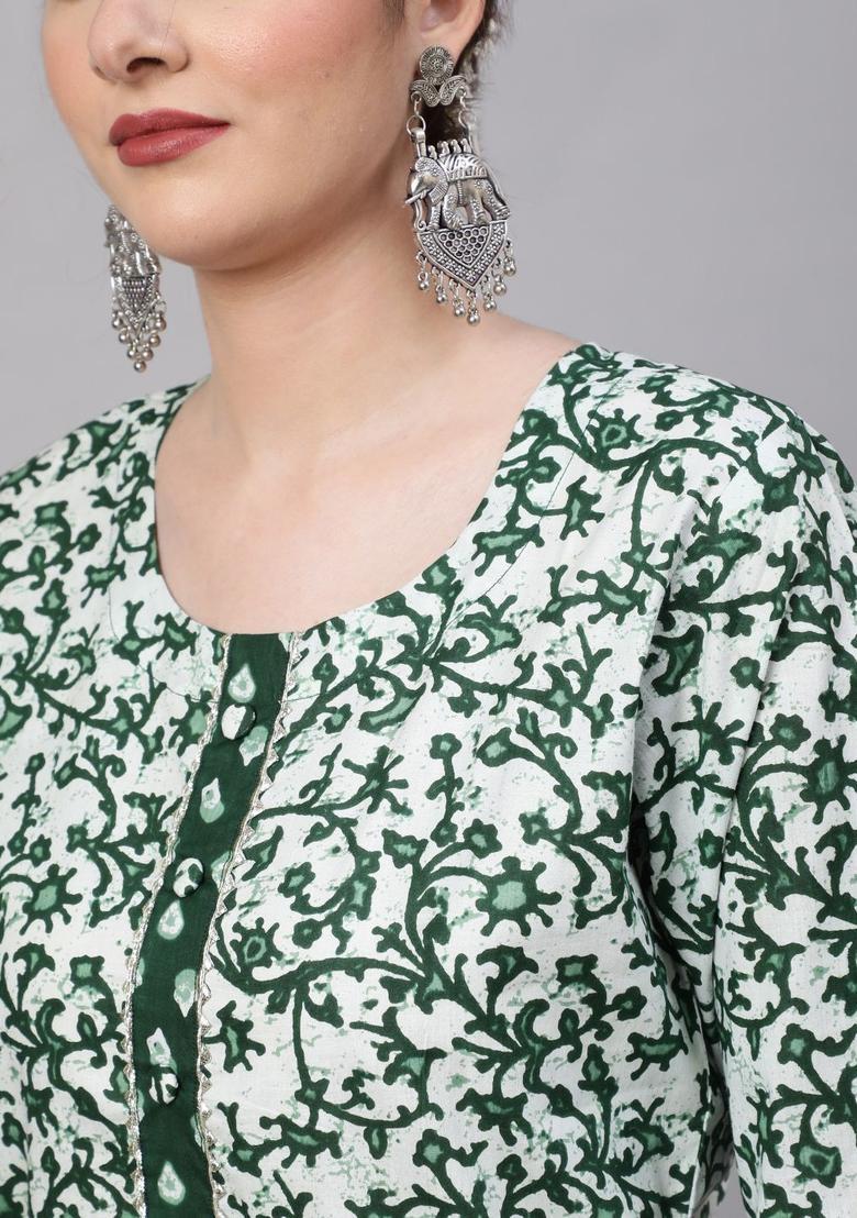 Green Printed Cotton Kurta Set - Indya