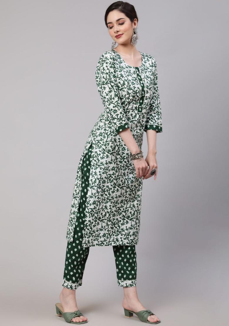 Green Printed Cotton Kurta Set - Indya