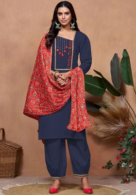 Navy Blue Yoke Design Cotton Kurta Set