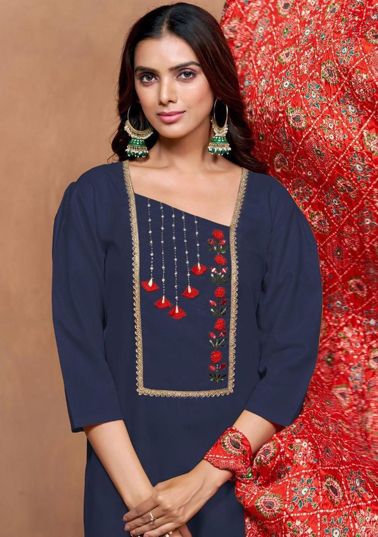 Navy Blue Yoke Design Cotton Kurta Set - Indya