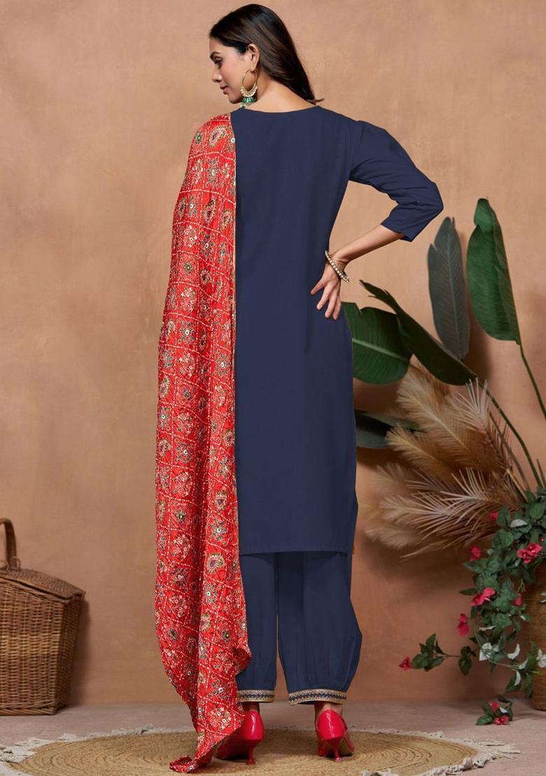 Navy Blue Yoke Design Cotton Kurta Set - Indya