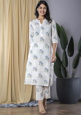 White Printed Cotton Kurta Set