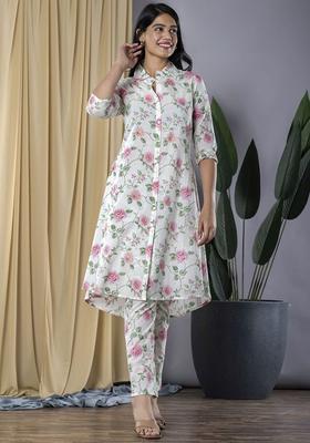 White Printed Cotton Kurta Set