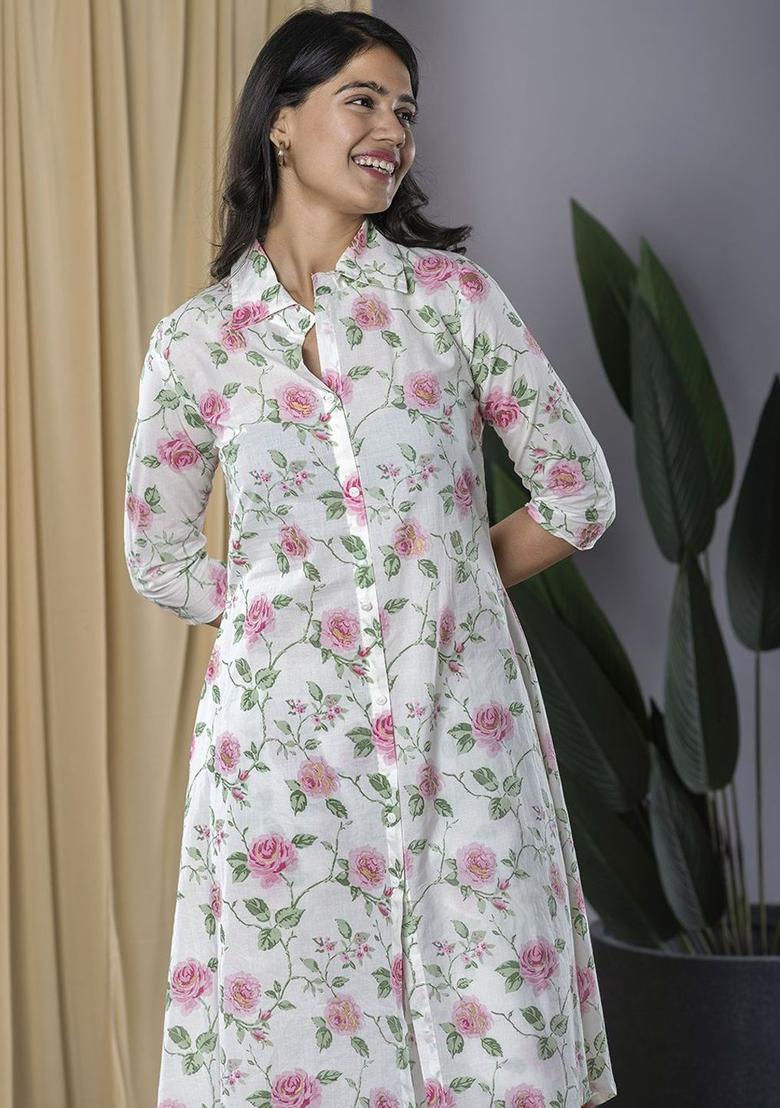 White Printed Cotton Kurta Set - Indya