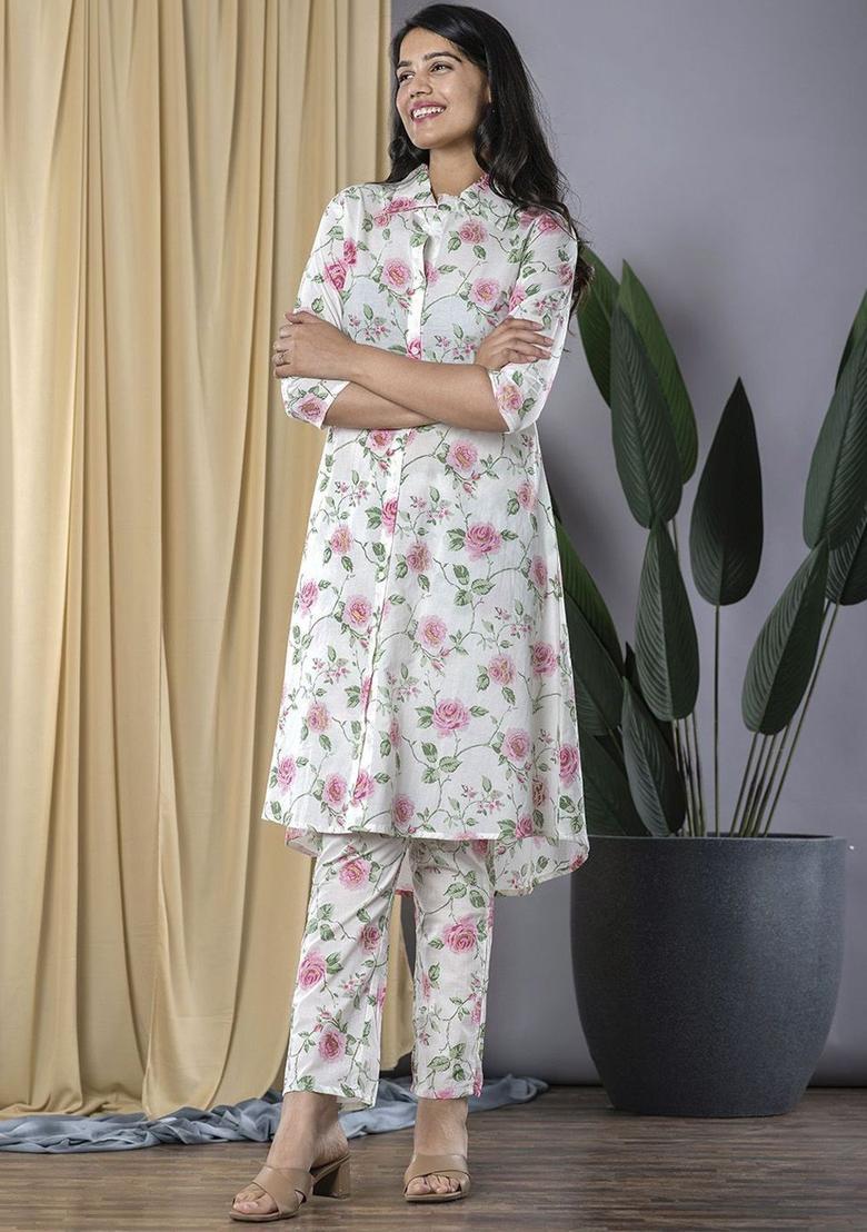 White Printed Cotton Kurta Set - Indya
