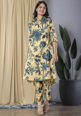Beige Printed Cotton Kurta Set