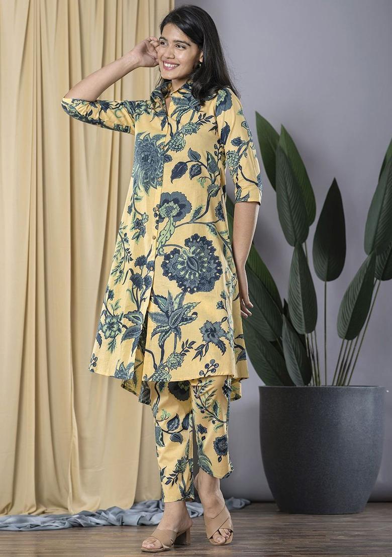 Beige Printed Cotton Kurta Set - Indya