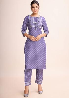 Purple Printed Viscose Kurta Set