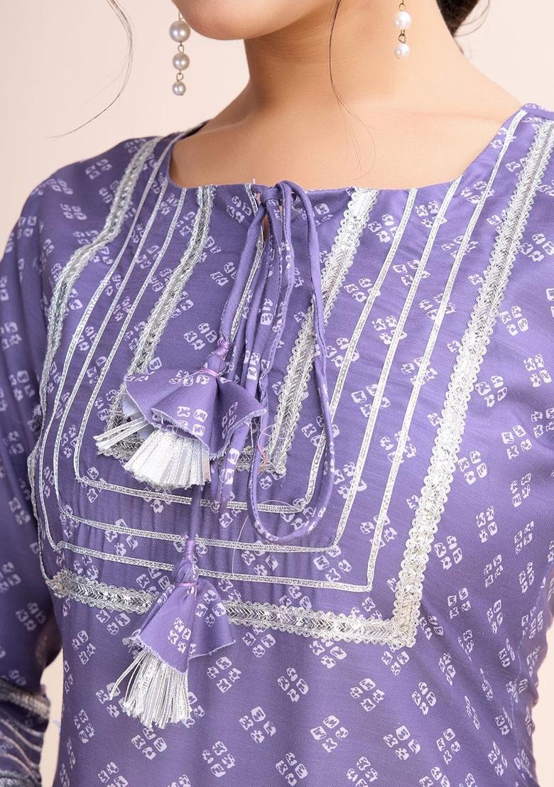 Purple Printed Viscose Kurta Set - Indya