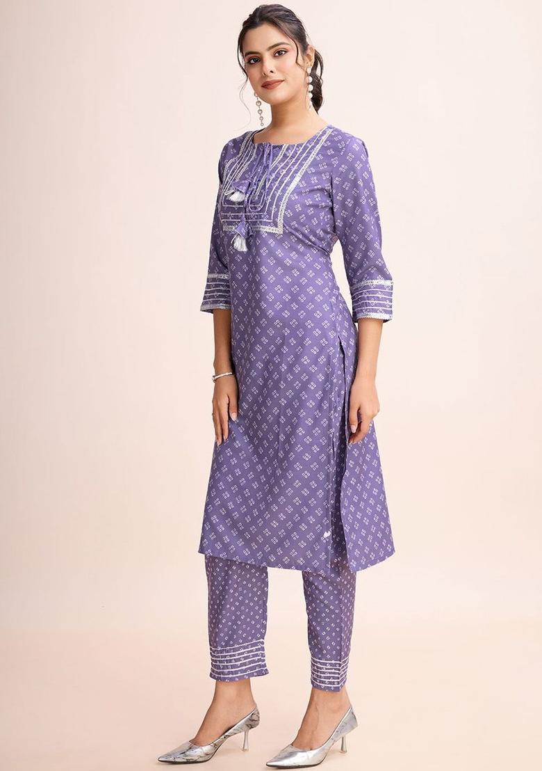 Purple Printed Viscose Kurta Set - Indya
