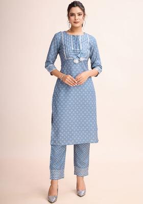 Grey Printed Viscose Kurta Set