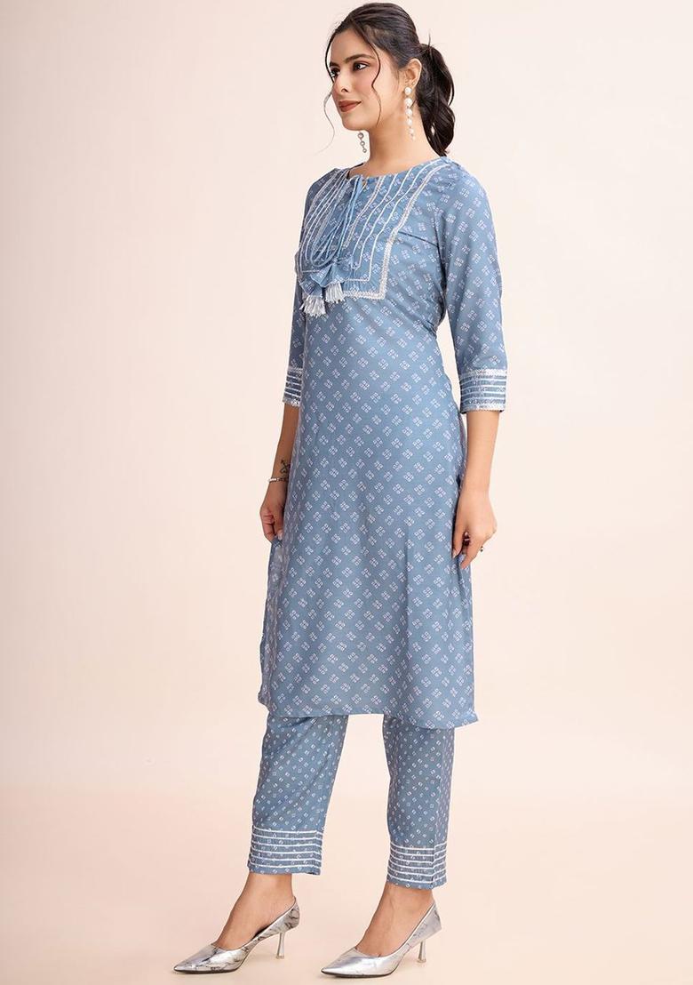 Grey Printed Viscose Kurta Set - Indya