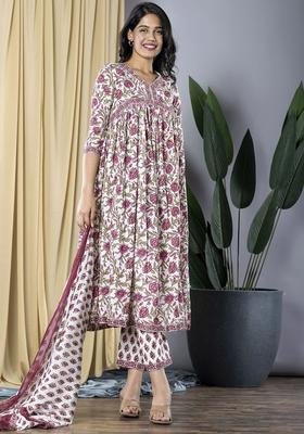 White Printed Cotton Anarkali Set