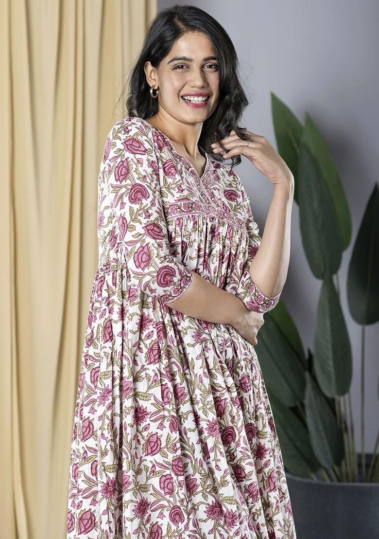 White Printed Cotton Anarkali Set - Indya