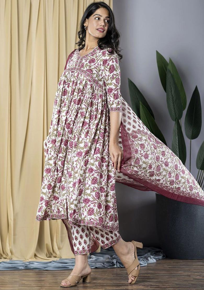 White Printed Cotton Anarkali Set - Indya