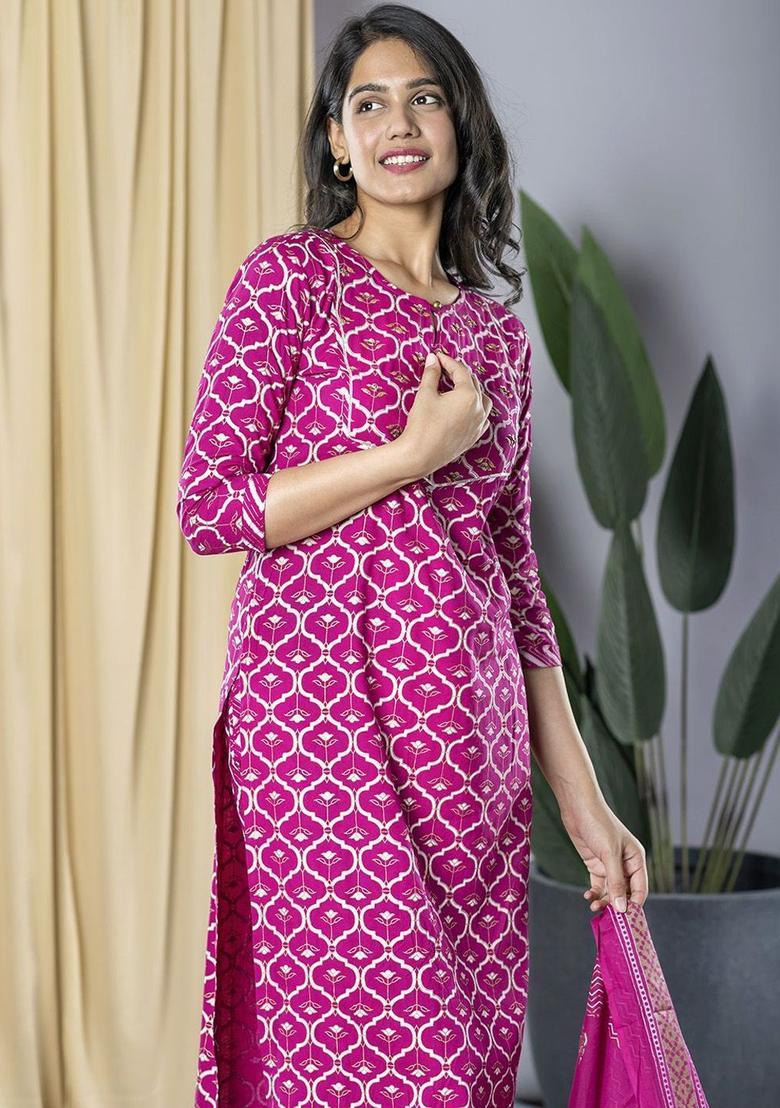 Pink Printed Viscose Kurta Set - Indya