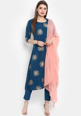 Teal Printed Crepe Kurta Set
