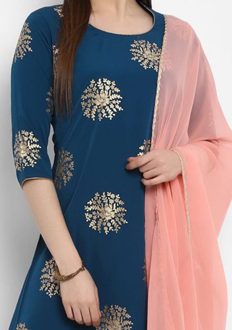Teal Printed Crepe Kurta Set - Indya