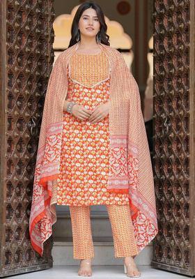 Orange Printed Cotton Kurta Set