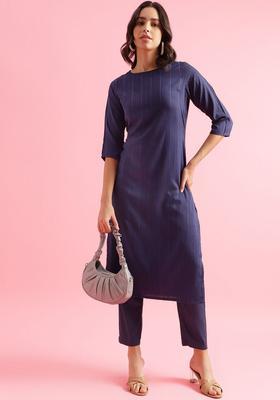 Navy Blue Striped Silk Kurta Set