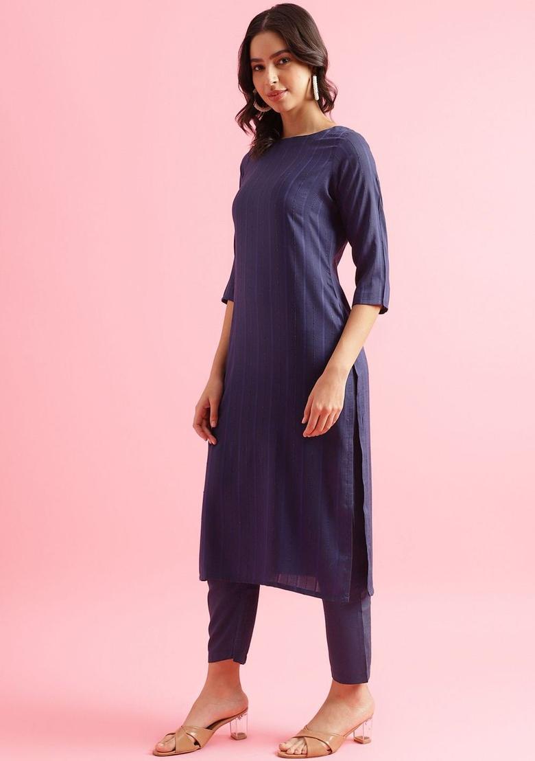 Navy Blue Striped Silk Kurta Set - Indya