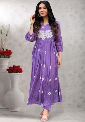 Purple Embroidered Viscose Anarkali Set
