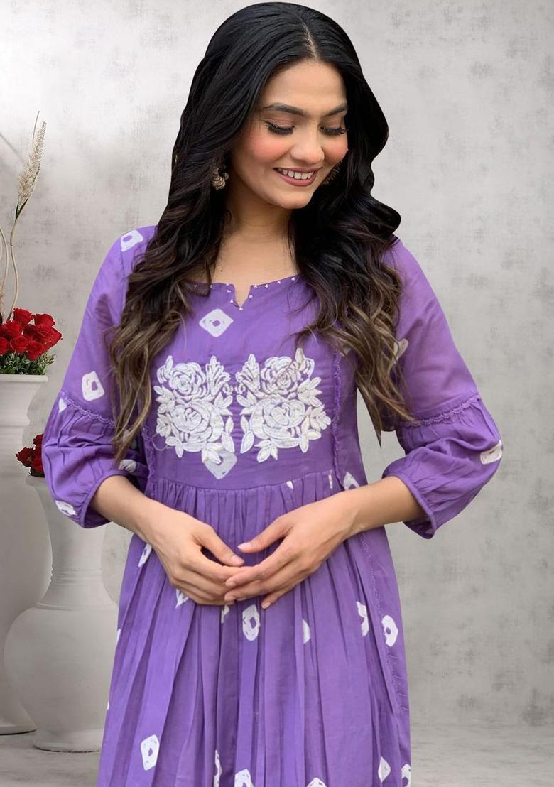 Purple Embroidered Viscose Anarkali Set - Indya