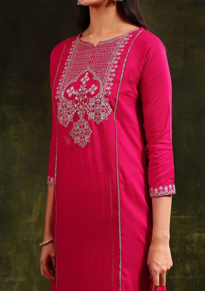Pink Embroidered Viscose Kurta Set - Indya