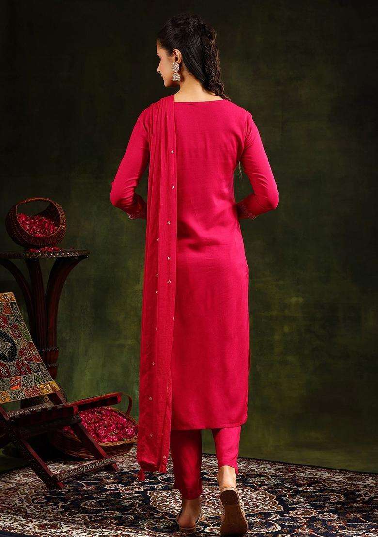 Pink Embroidered Viscose Kurta Set - Indya
