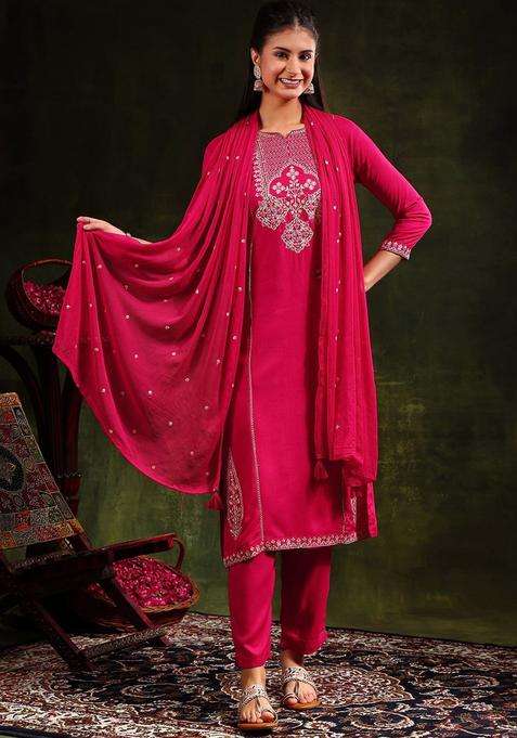 Pink Embroidered Viscose Kurta Set