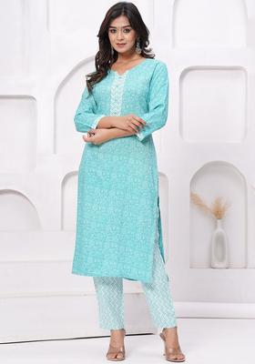 Turquoise Blue Printed Viscose Kurta Set