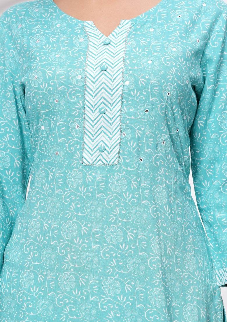 Turquoise Blue Printed Viscose Kurta Set - Indya