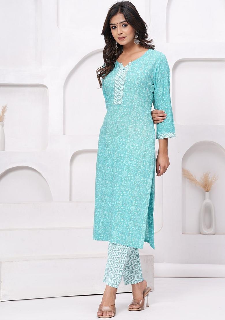 Turquoise Blue Printed Viscose Kurta Set - Indya