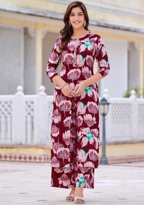 Purple Printed Viscose Kurta Set