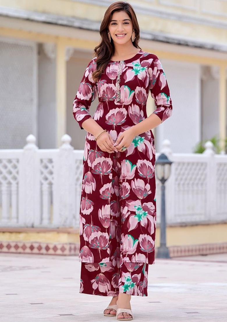 Purple Printed Viscose Kurta Set - Indya