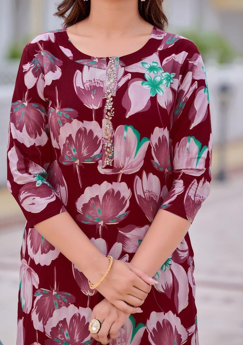 Purple Printed Viscose Kurta Set - Indya
