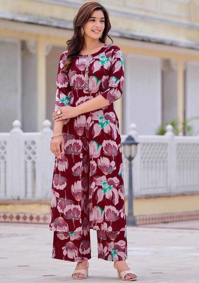 Purple Printed Viscose Kurta Set - Indya