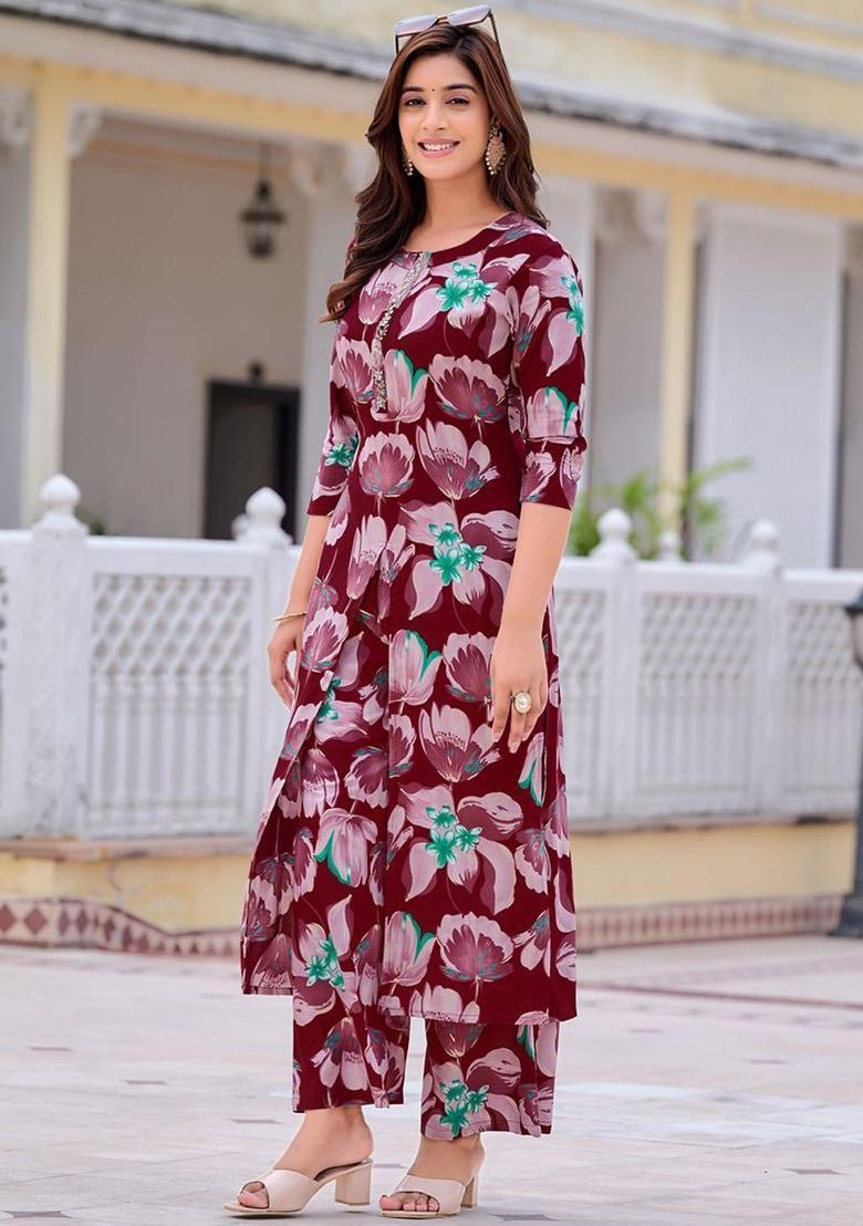 Purple Printed Viscose Kurta Set - Indya