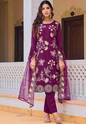 Purple Embroidered Cotton Kurta Set