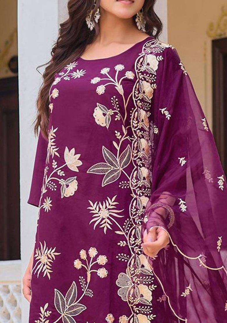 Purple Embroidered Cotton Kurta Set - Indya