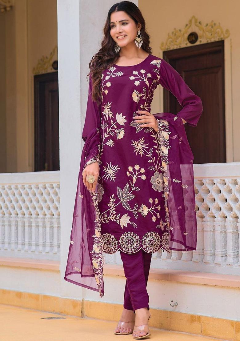 Purple Embroidered Cotton Kurta Set - Indya