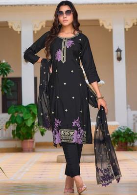 Black Embroidered Cotton Kurta Set