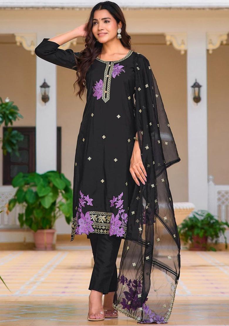 Black Embroidered Cotton Kurta Set - Indya