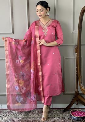 Pink Embroidered Viscose Kurta Set