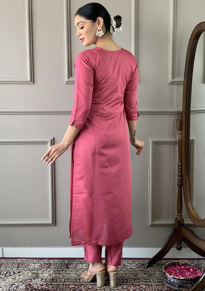 Pink Embroidered Viscose Kurta Set - Indya