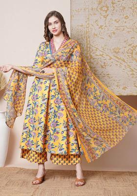 Yellow Printed Viscose Anarkali Set