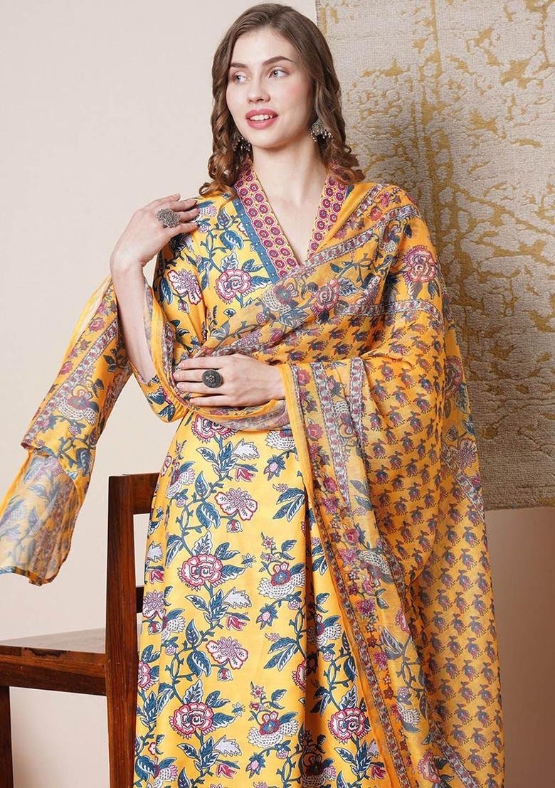 Yellow Printed Viscose Anarkali Set - Indya