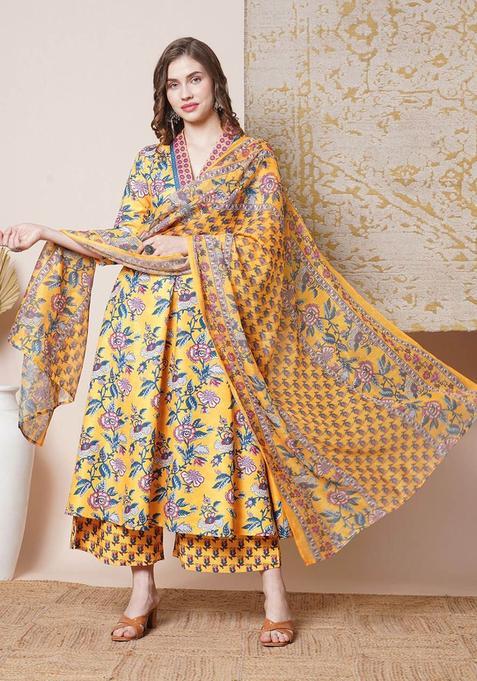 Yellow Printed Viscose Anarkali Set — view on Indya