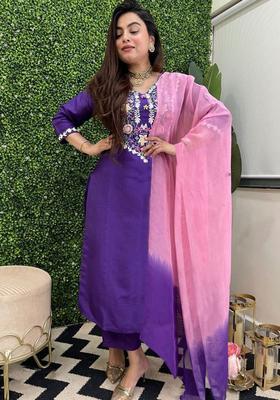 Purple Embroidered Cotton Kurta Set